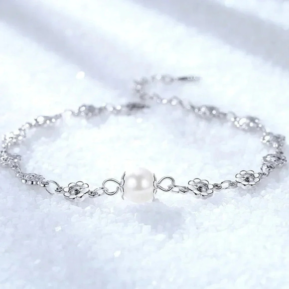 Dainty 925 Sterling Silver Flower & Pearl Bracelet - Picture 2 of 5
